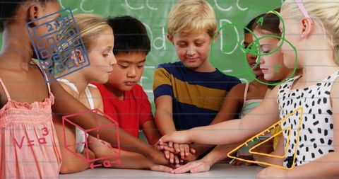 Diverse Schoolchildren Cooperating with Education Icons Overlay