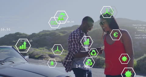 Diverse Couple on Road Trip with Ecological Data Interface