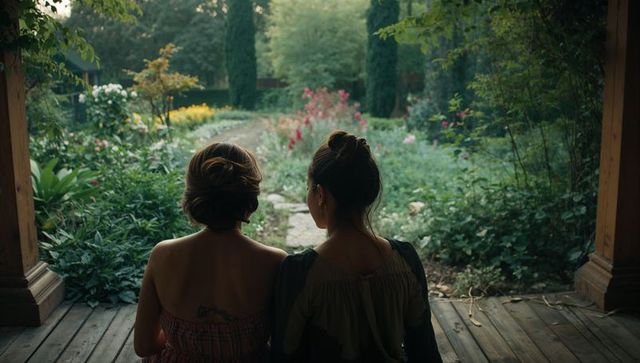Two women sitting on wooden porch gazing at lush garden pathway at dusk