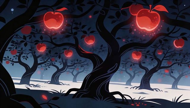 Twisted trunks bearing glowing red apples in misty night orchard, sparkling magical halos
