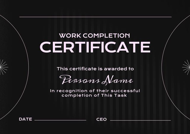 Image of template of work completion certificate on black background. Job contracts, certificates, occupation and employment concept.
