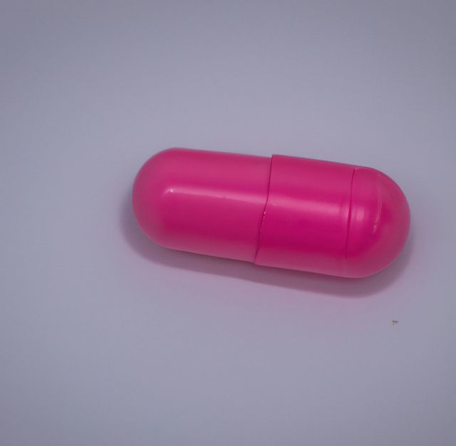 Close up of one pink pill laying on white background. Medicine, healthcare and treatment concept.