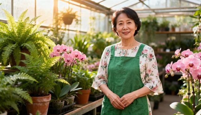 Senior asian woman tending orchids and ferns in sunlit greenhouse nursery