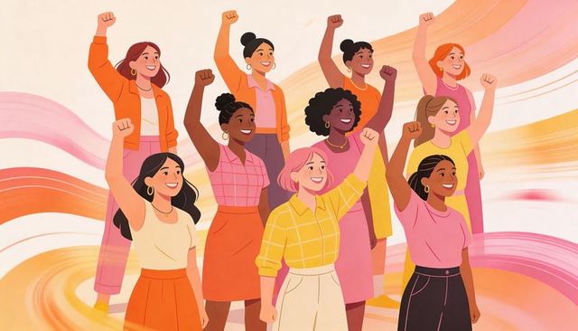 Multicultural women raising fists celebrating empowerment and unity in pastel swirls