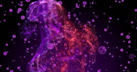 Neon particle silhouette forming in purple and orange bokeh futuristic tech background