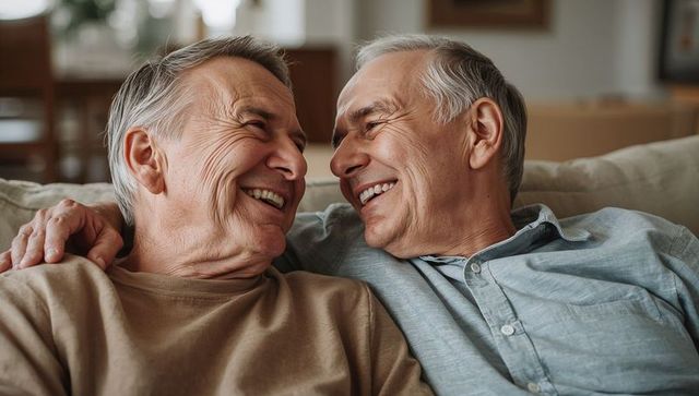 Senior Men Embracing and Smiling on Sofa, Cozy Home Companionship and Romance