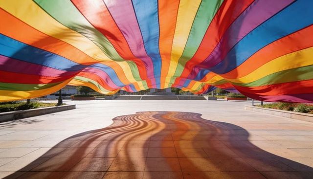 Casting rainbow canopy creating vibrant wavy shadows across urban plaza and paved walkway