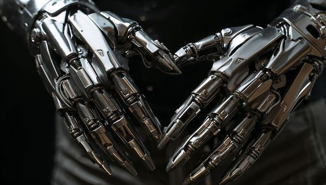 Chrome Robotic Hands Forming Heart Shape Macro Close-Up of Articulated Cybernetic Fingers