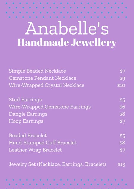 Illustrative price list for Anabelle's handmade jewelry featuring various items such as necklaces, earrings, and bracelets. The colorful polka dot background and clear, bold text make it ideal for use in marketing materials, social media promotions, and local advertising. Perfect for small businesses and craft fairs looking to attract customers with handcrafted, artisan creations at affordable prices.