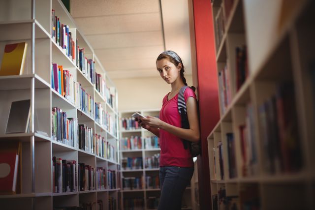 This image shows a schoolgirl using a digital tablet while standing between bookshelves in a library. She appears focused and engaged in her activity. This image can be used for educational content, school websites, library promotions, or articles about technology in education.