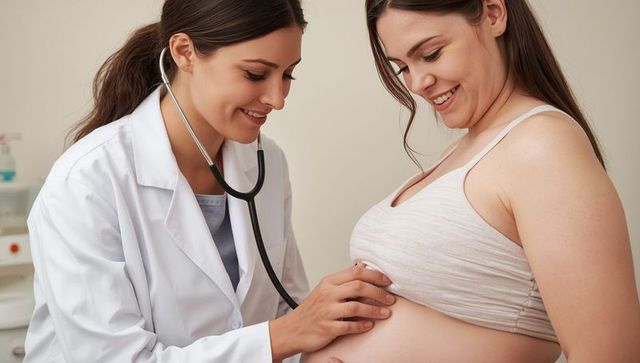 Doctor examining pregnant woman using stethoscope in medical office