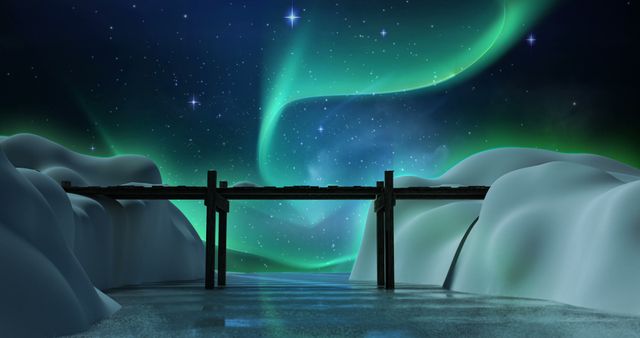 Night sky illuminated by northern lights above a wooden bridge amid snowy terrain. Perfect for travel blogs, winter-themed designs, or nature and astronomy websites.
