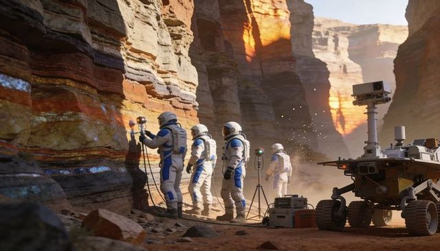 Astronauts Collecting Rock Samples in Narrow Martian Canyon with Rover and Spectrometer