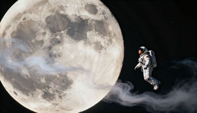 Astronaut floating near full moon with ethereal vapor trails during deep spacewalk