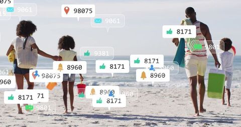 Family walking on beach with cooler and buckets amid social media notification icons
