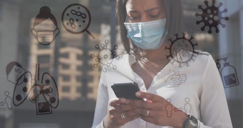 Mask-Wearing Woman Using Smartphone with Pandemic Icons - Download Free Stock Images Pikwizard.com
