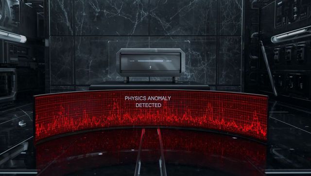 Futuristic curved control console detecting physics anomaly on red waveform panel