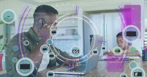 Father working remotely with son, digital technology overlay