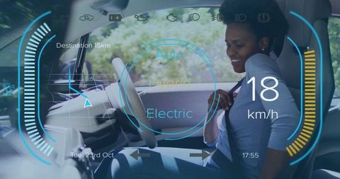 Woman fastening seat belt in modern vehicle with digital display