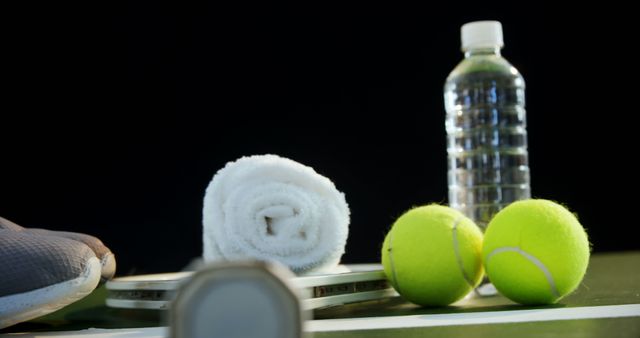 Close-up of water bottle, sports shoes and sports equipment in tennis court