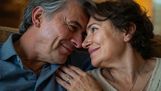 Senior couple leaning close on sofa sharing tender gaze with wedding ring visible