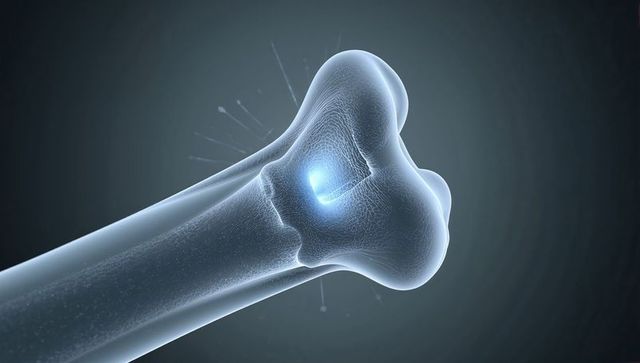 Translucent femur with glowing epiphysis and shaft 3d medical anatomy rendering