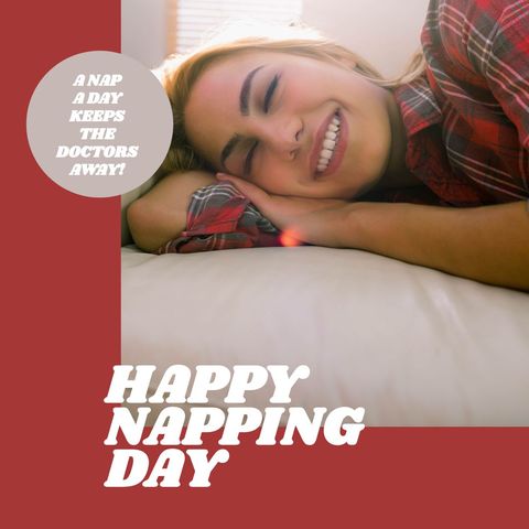 Celebrating napping day with smiling woman on bed