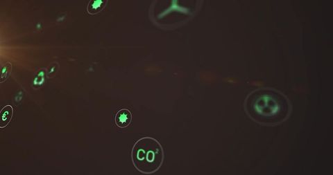 Floating neon CO2 tokens and carbon icons in dark digital visualization for emissions