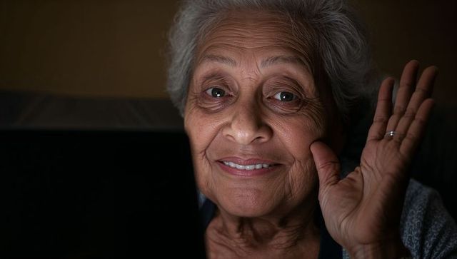 Warm senior woman waving and smiling during video call with laptop, cozy evening glow
