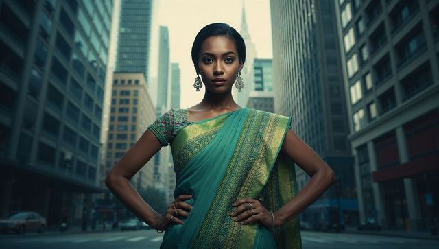 Model in green sari posing confidently on urban street with skyscrapers