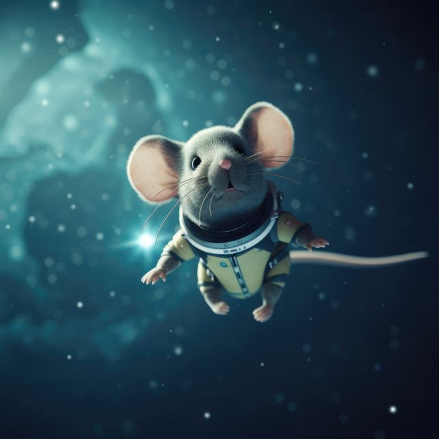 Close up of mouse in space with stars in sky, created using generative ai technology. Outer space, galaxy and space travel concept digitally generated image.