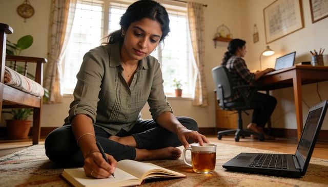 Indian woman working from home journaling with tea and laptop, sunlit coworker at desk