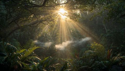 Sunlight Streaming Through Misty Jungle Canopy