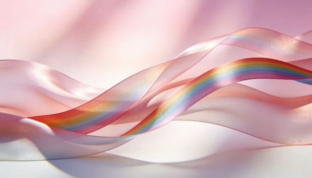 Flowing pink sheer ribbons with rainbow satin accent, soft pastel iridescent background