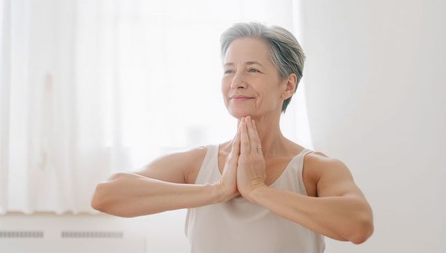 Senior woman practicing mindful prayer and meditation in bright minimal home interior