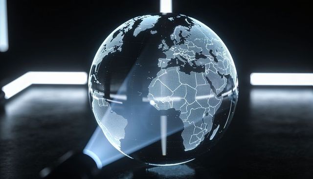 Holographic globe projection showing dotted world map and country borders on dark background
