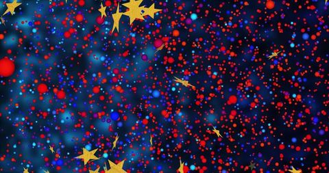 Swirling red and blue particle nebula with gold stars and festive confetti bokeh