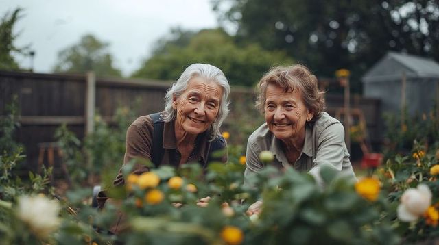 Two senior women gardening together in backyard, tending colorful flower beds, smiling and connectin