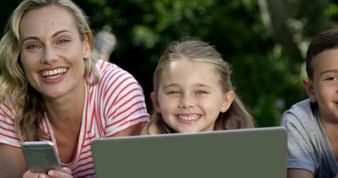 Mother and Children Relaxing Outdoors with Laptop and Smartphone Smiling - Download Free Stock Images Pikwizard.com