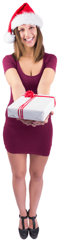 Festive Woman in Santa Hat Offering Gift with Transparent Background