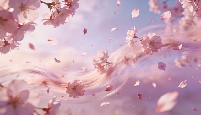 Pink cherry blossom petals drifting on gentle spring breeze with pastel light swirls