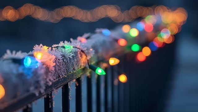 Glowing frosted railing wrapped in multicolor christmas lights at twilight bokeh festive