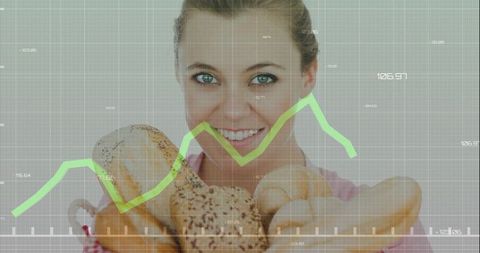 Smiling woman holding assorted breads and bagels with green sales chart overlay