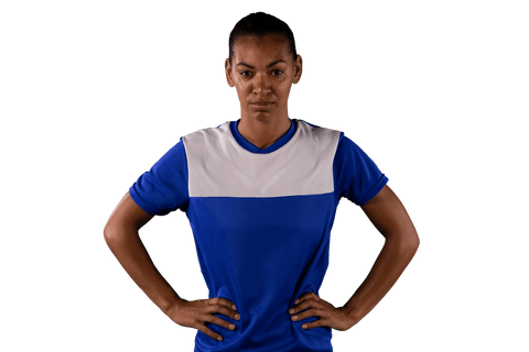 Confident sportswoman in blue t-shirt with transparent background