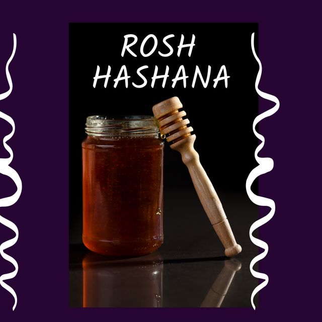 Composite of honey jar and honey dipper with rosh hashana text against purple background. New year, holiday, tradition, jewish festival, culture and religious celebration concept.