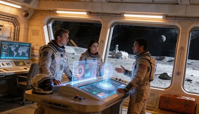 Lunar crew planning mission using holographic command console inside moonbase control module