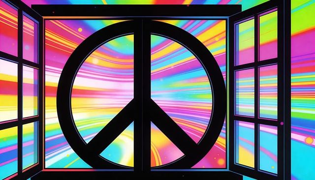 Psychedelic peace sign mural framed by black doors, vibrant rainbow streaks and orbs