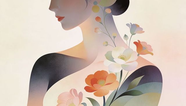 Serene floral profile: minimalist female bust with pastel blossoms and circular earring