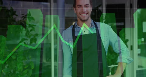 Confident Waiter with Growing Business Graphs Overlay