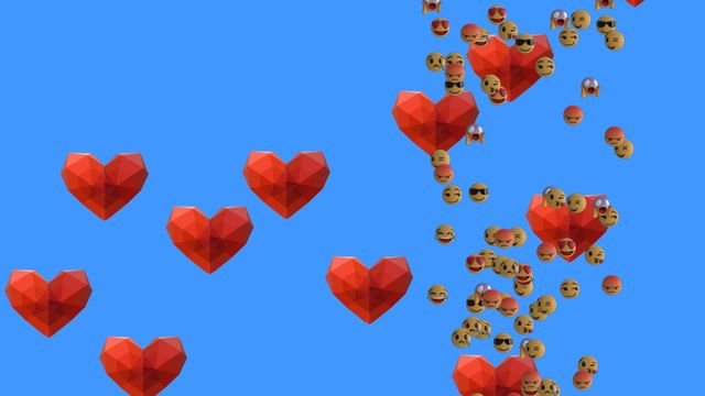 This digital artwork shows red hearts and a variety of emojis floating against a vivid blue background. The composition appears to be an abstract representation of social media interaction and the emotions conveyed online. Ideal for use in digital marketing material related to social media, user engagement, or online communication themes. It can also be used in blog posts or educational resources focusing on the impact of digital icons on online dialogues.